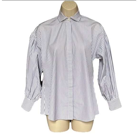Ann Mashburn Mandarin Paulina Size XS Button Up Blue Striped Shirt Poplin - Picture 1 of 11